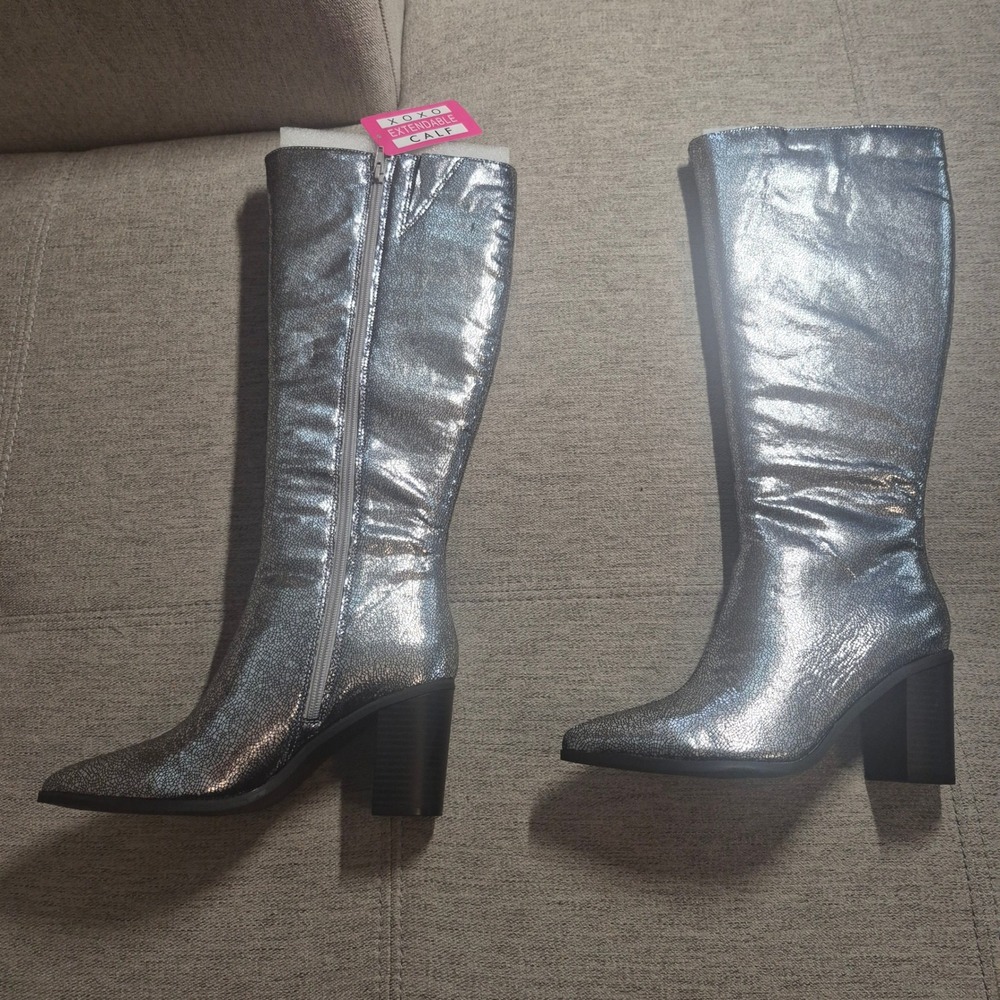 XOXO Silver Metallic Knee High Boots Pointed Toe Block Heel Extendable Calf 8